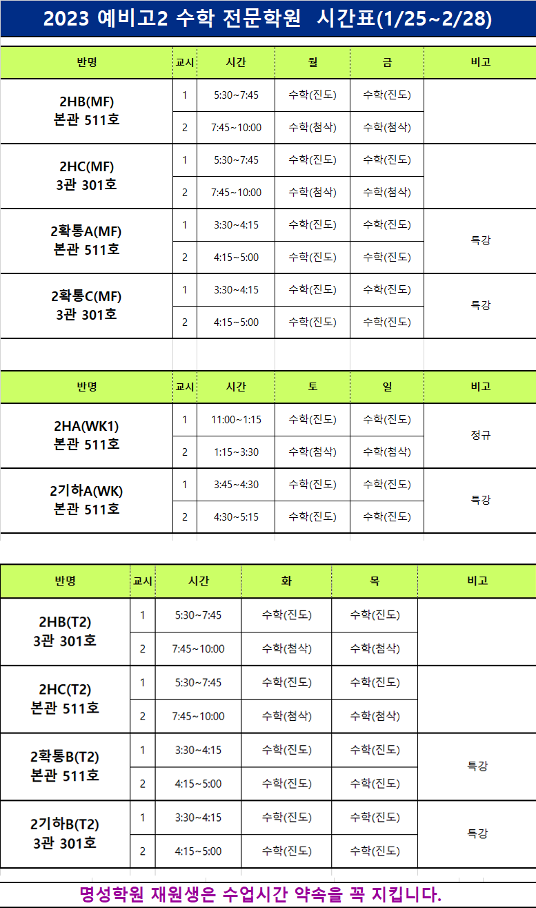 예비고2 수학 시간표