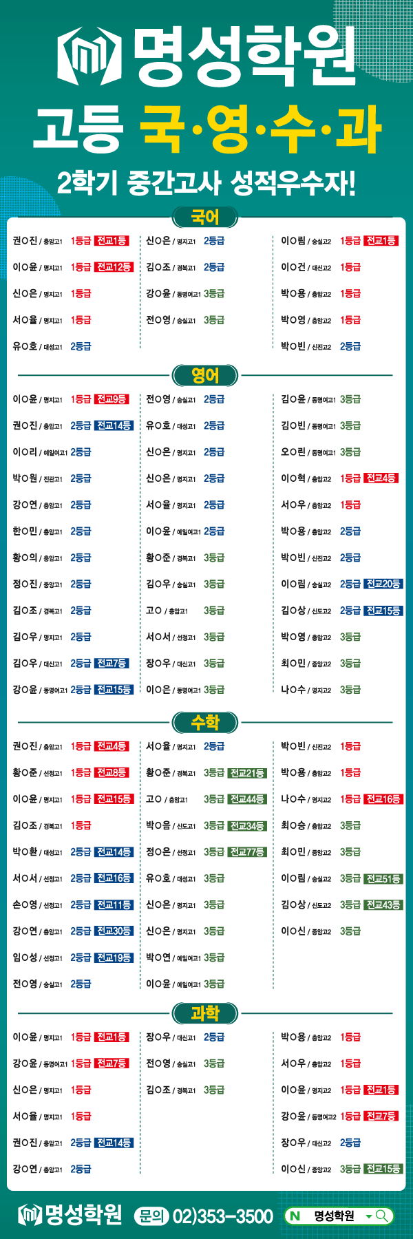 고등 2학기 중간고사 성적우수자