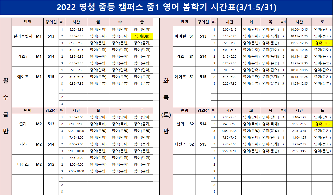 중1 영어 봄학기 시간표