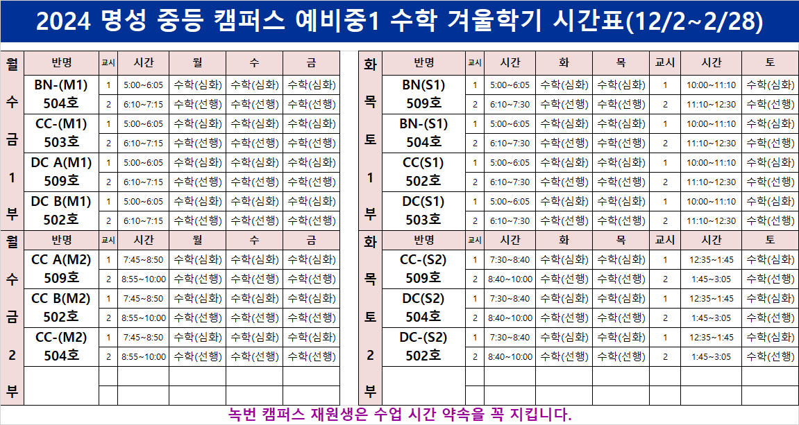 예비중1 수학 시간표